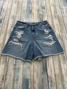 American Eagle Relaxed Mom Shorts Women's 4 Distressed Frayed Denim Long Blue